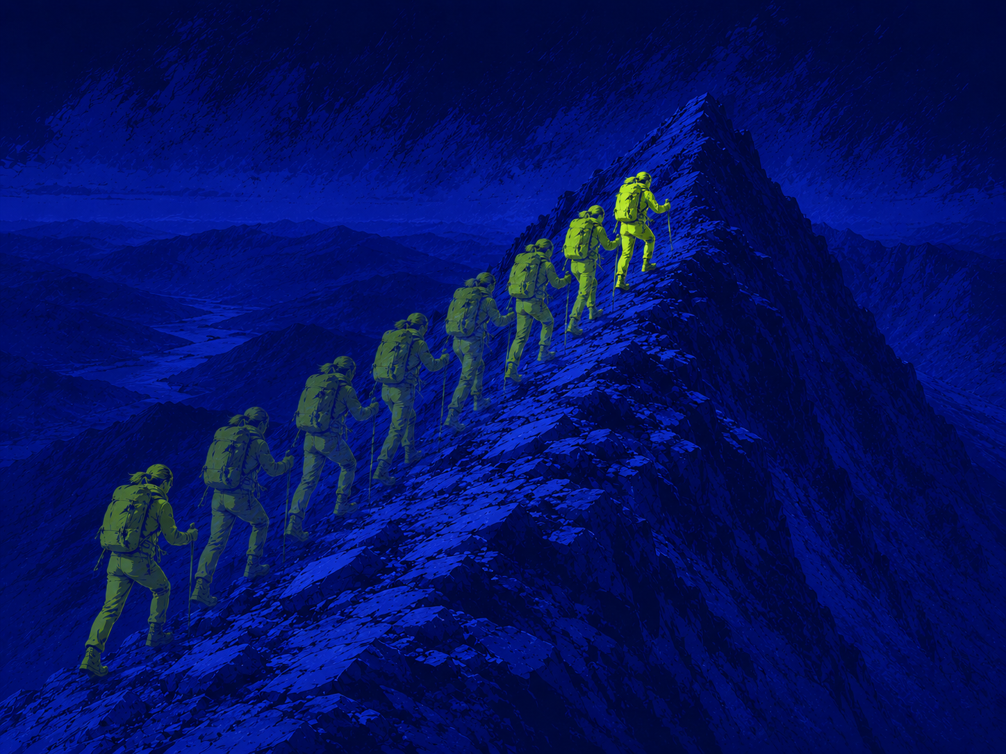Rotoscope image of climbers ascending a mountain ridge
